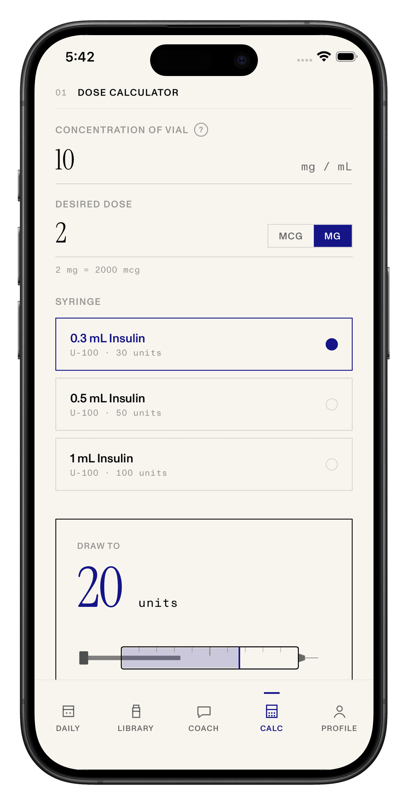 Oris dose calculator showing reconstitution math and syringe selection